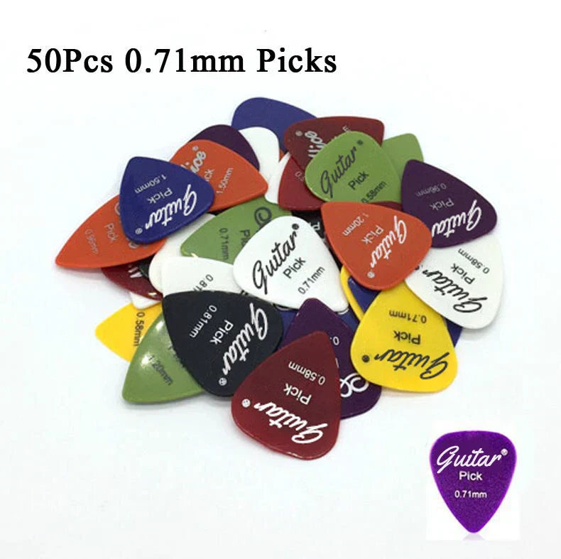 A vibrant set of 50 electric guitar pick acoustic plectrums in assorted colors with 50mm thickness options