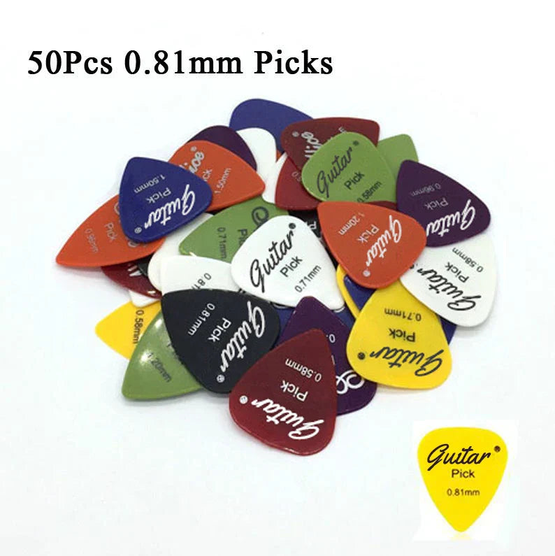 A vibrant set of 50 electric guitar picks in assorted colors and 50mm thickness for acoustic and electric guitars