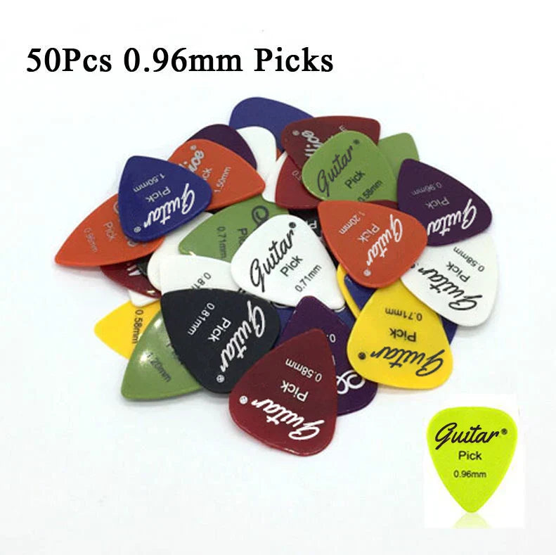 A vibrant assortment of 50 electric guitar picks in assorted colors with 50mm thickness for acoustic music use