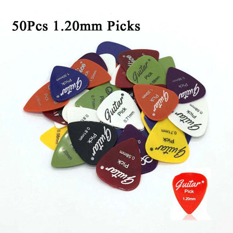 A vibrant set of 50 electric guitar pick acoustic plectrums in assorted colors with 0.58 to 1.5mm thicknesses