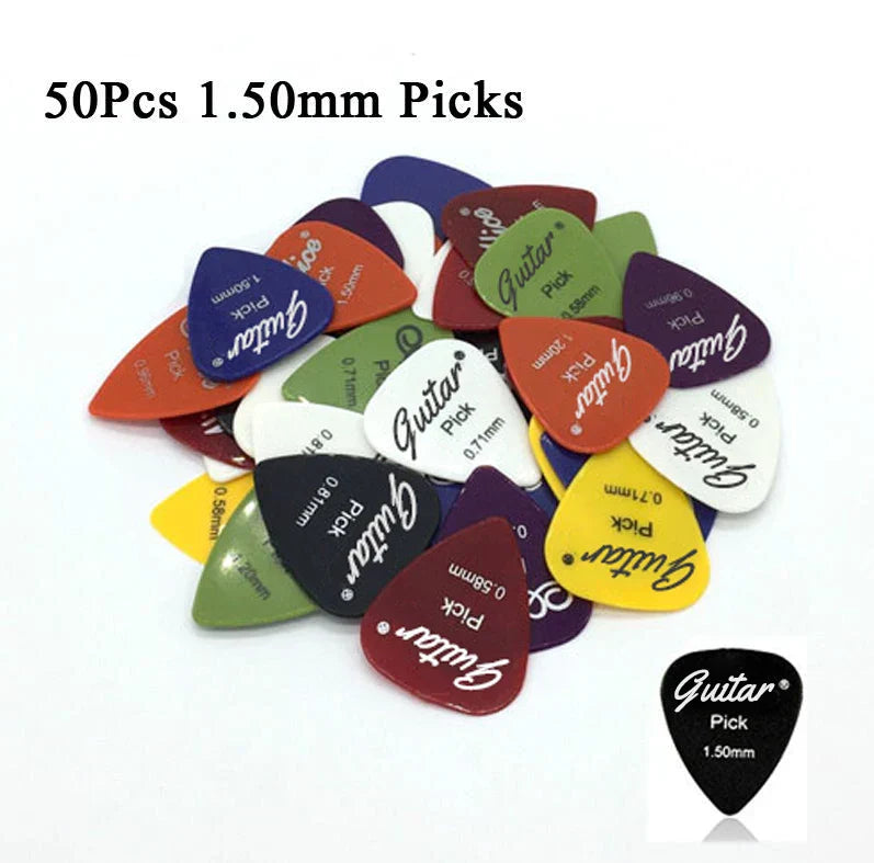 A vibrant set of 50 electric guitar picks in assorted colors and 50mm thickness for acoustic and electric use