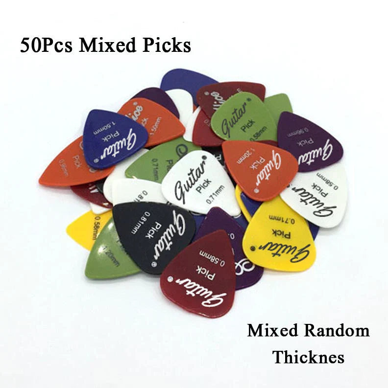 A colorful set of 50 electric guitar pick acoustic plectrums in mixed 50mm thickness for versatile guitar accessories