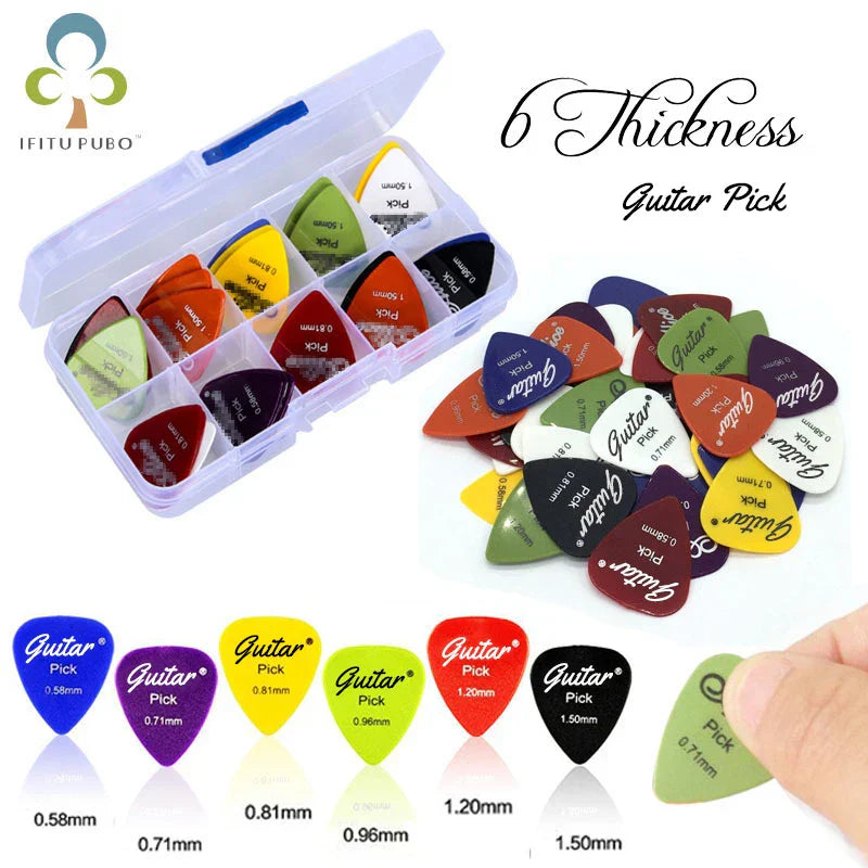 A colorful set of 50pcs electric guitar pick acoustic plectrums with varied 0.58 to 1.50mm thickness in a clear case