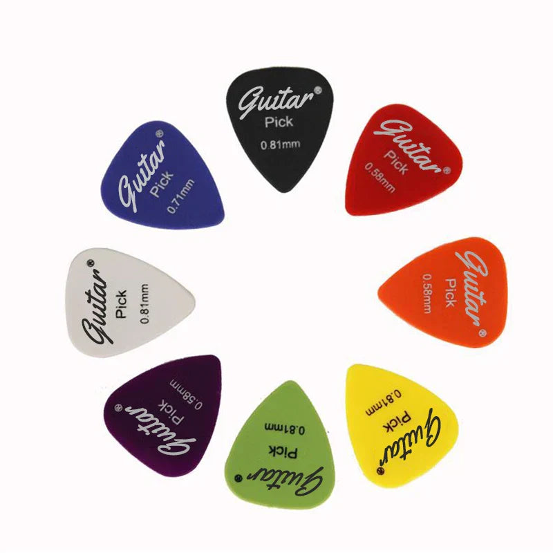 A set of colorful electric guitar picks with guitar brand logo in various 50mm thickness for acoustic and electric use