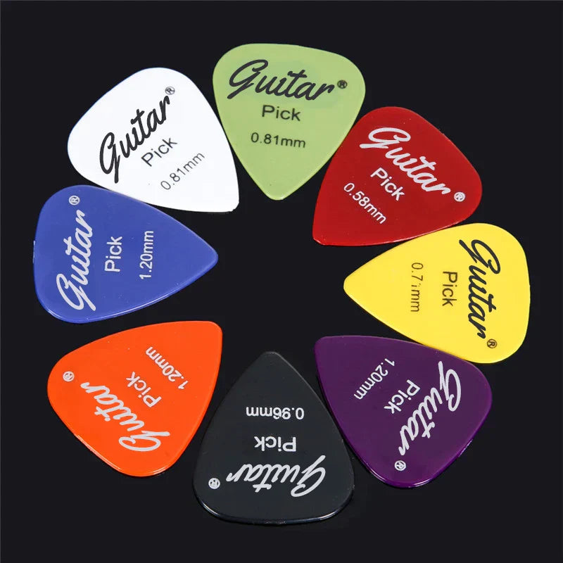 A set of 50pcs electric guitar pick acoustic plectrums in vibrant colors with 0.58 to 1.5mm thickness options