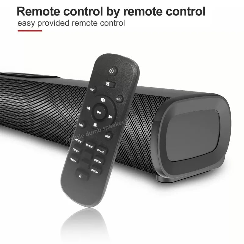 Black rectangular 50w sound bar speaker with perforated grille rounded ends aux hdmi arc and matching remote control