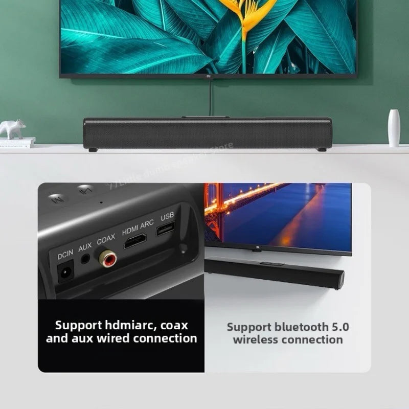 Black rectangular 50w sound bar speaker with aux hdmi arc and multiple connectivity ports for tv and gaming use back view