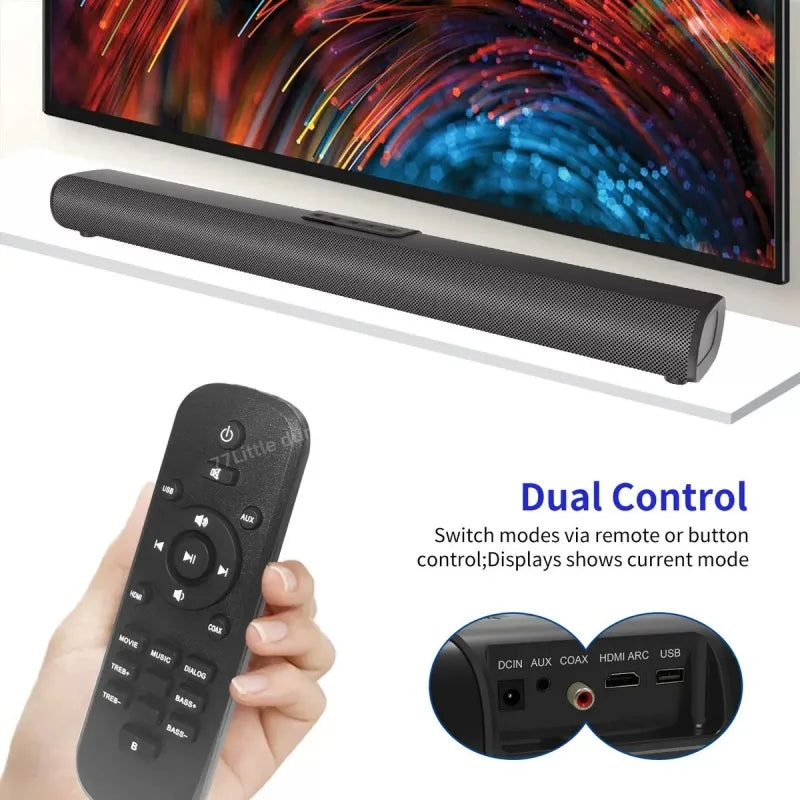 Black textured 50w sound bars with aux hdmi arc input ports and matching remote control for tv and pc audio