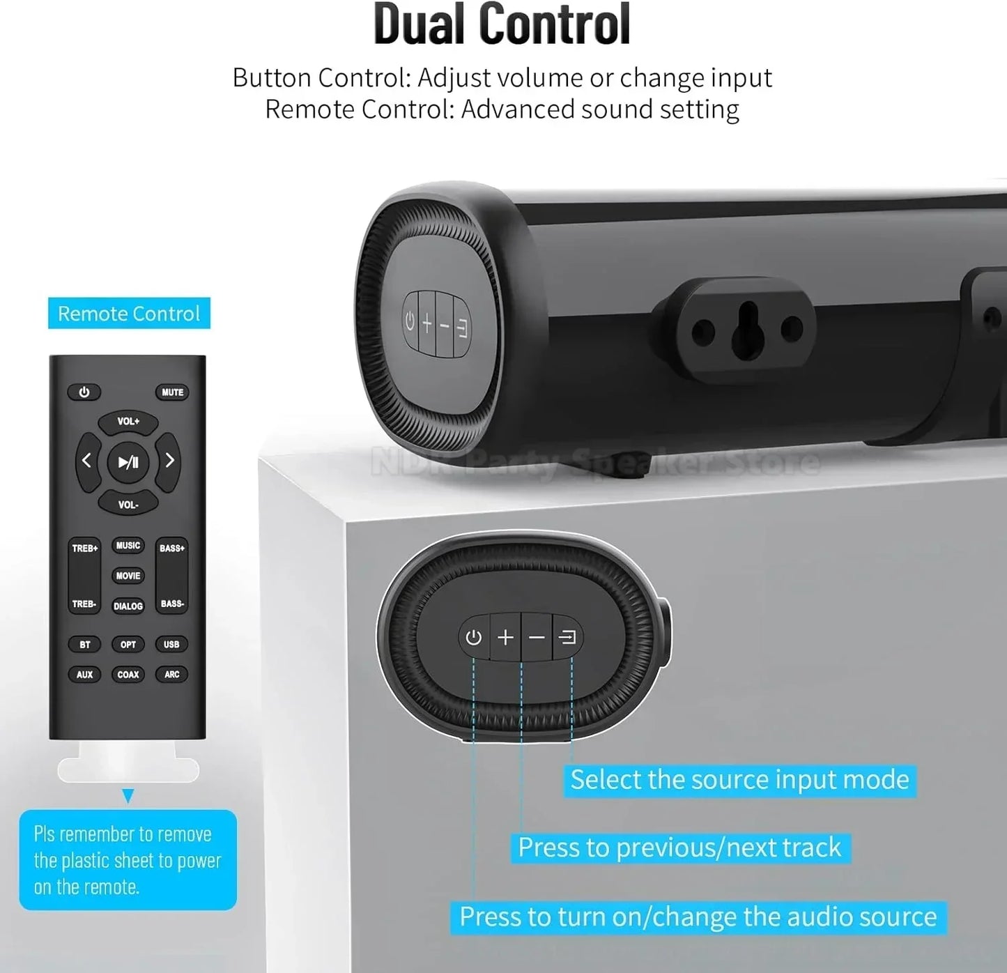 Black 50w soundbar with matte finish dual control buttons for volume and source for home theater surround hdmi bluetooth optical