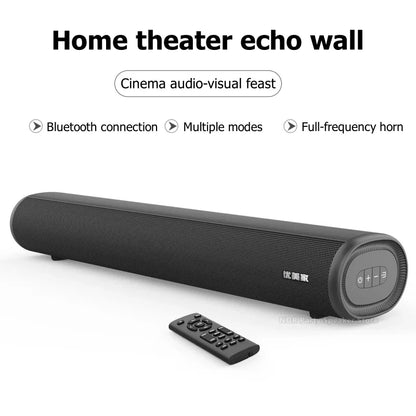 Black fabric-wrapped 50w soundbar with control buttons featuring hdmi bluetooth optical for home theater surround sound
