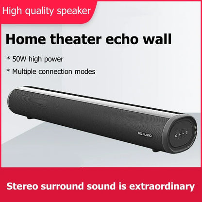 Black and silver 50w soundbar with textured grille and control buttons for home theater surround hdmi bluetooth optical use