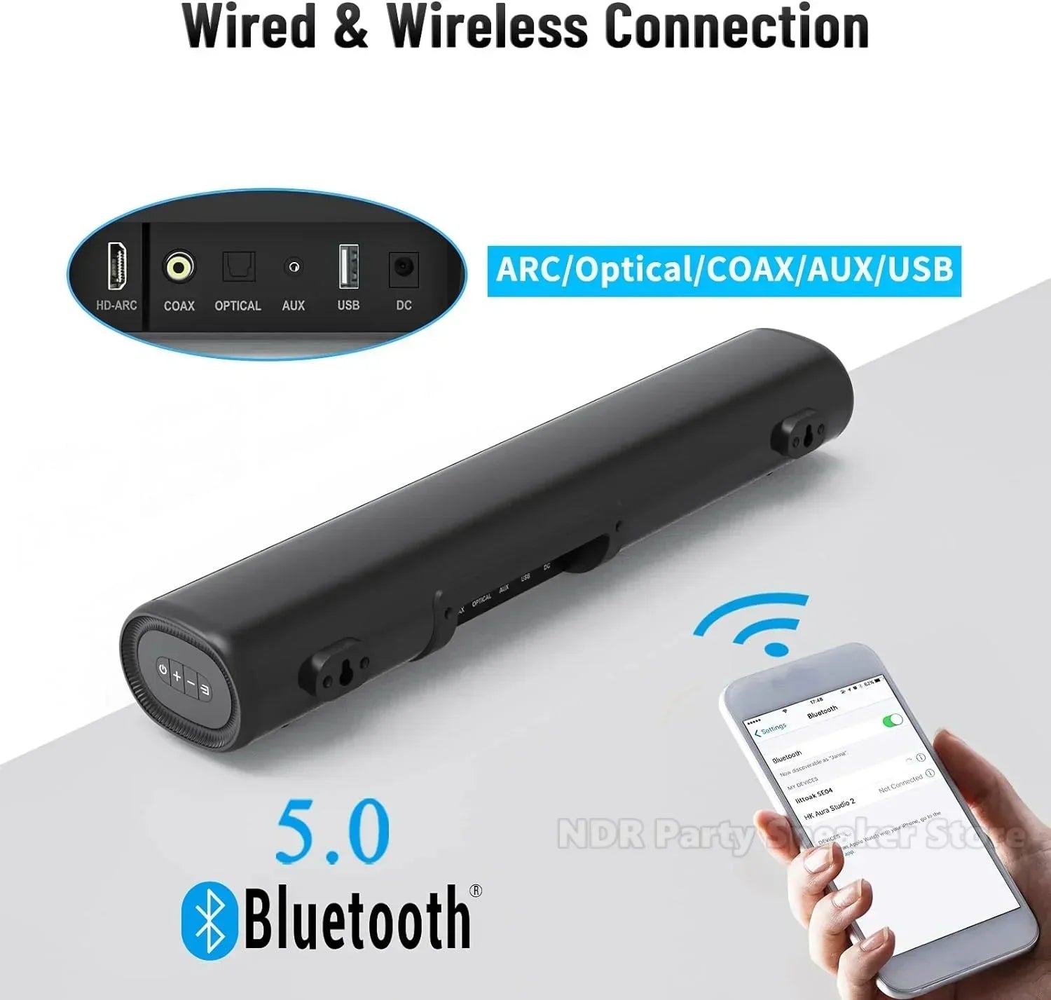 Black sleek 50w soundbar for home theater surround showing back side with hdmi bluetooth optical aux and usb ports