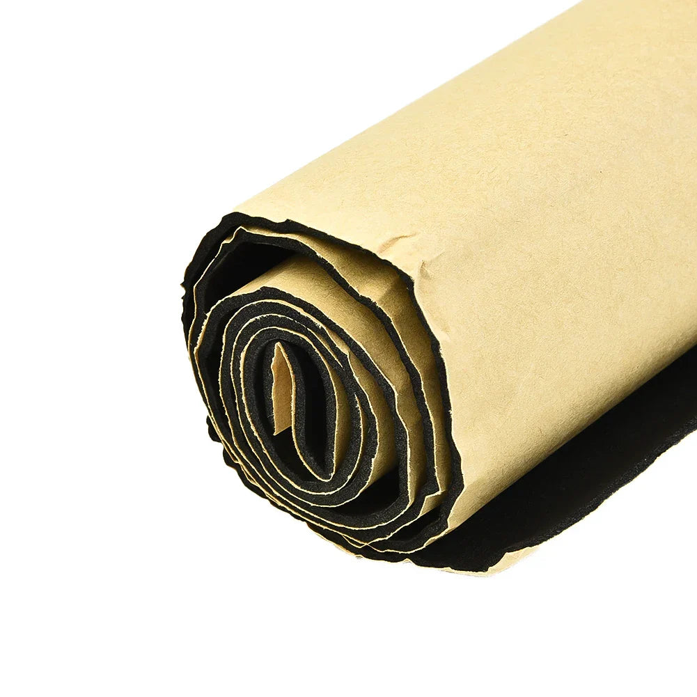 A rolled tan and black dual-layered leather sheet for car soundproof deadening and insulation warm foam use