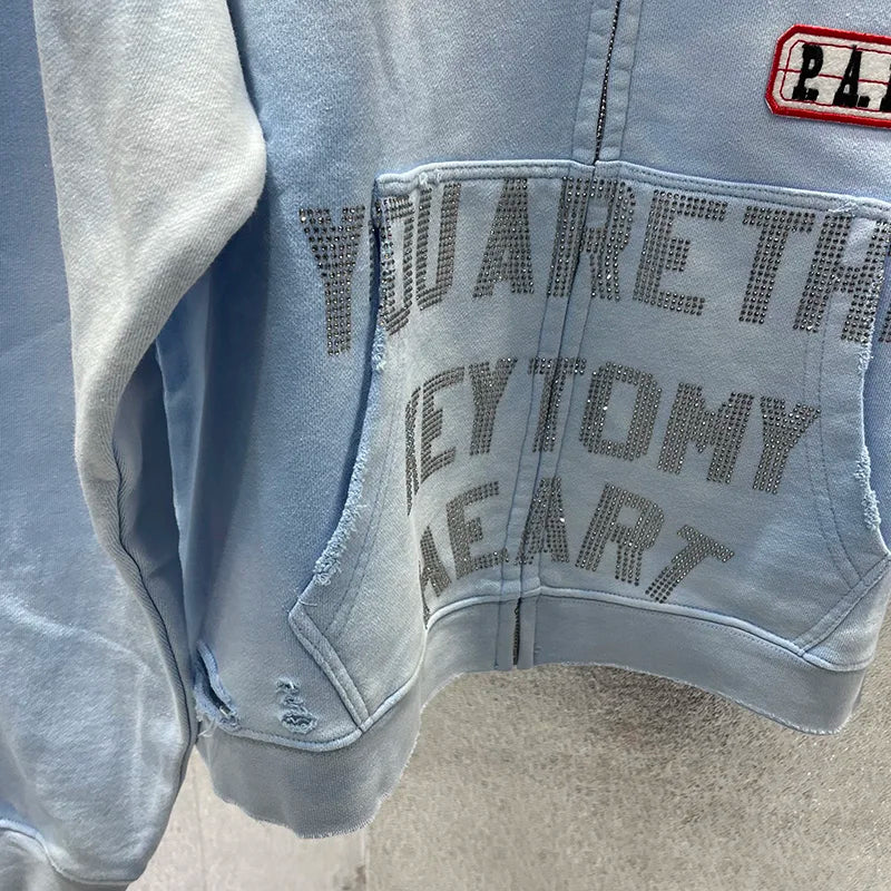 Washed Blue PALY Hoodies Men Woman Vintage Damaged Hole Old Casual High Quality Hip Hop Fashion Zipper Sweatshirts