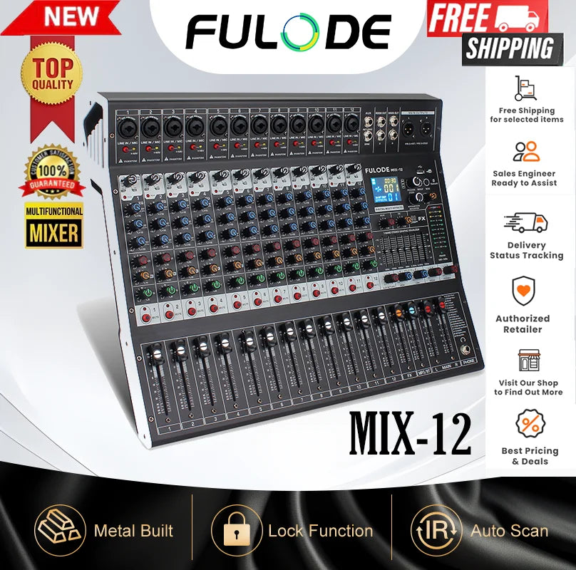 FULUODE 7/8/12/16 channel Bluetooth studio audio mixer with 99-bit DSP digital processor USB MP3 player XLR microphone jack and