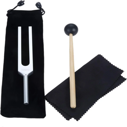 Silver 528 hz aluminum alloy tuning fork with black velvet pouch and wooden mallet for meditation and relaxation