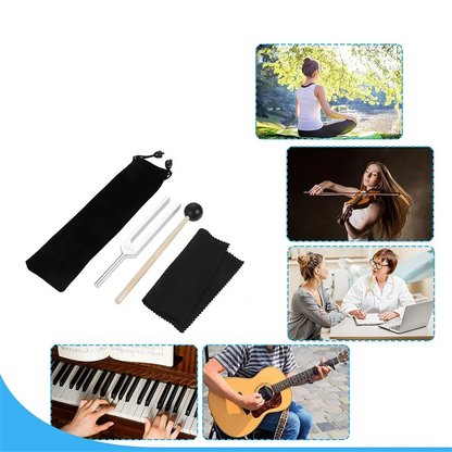 Silver aluminum alloy tuning fork 528 hz with black rubber mallet and velvet pouch for musical instrument use