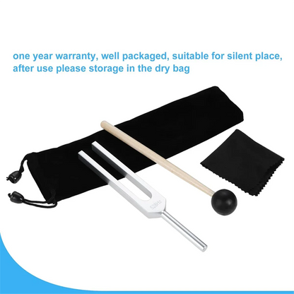 Silver aluminum alloy tuning fork 528 Hz with wooden mallet black pouch and cloth for musical instrument relaxation