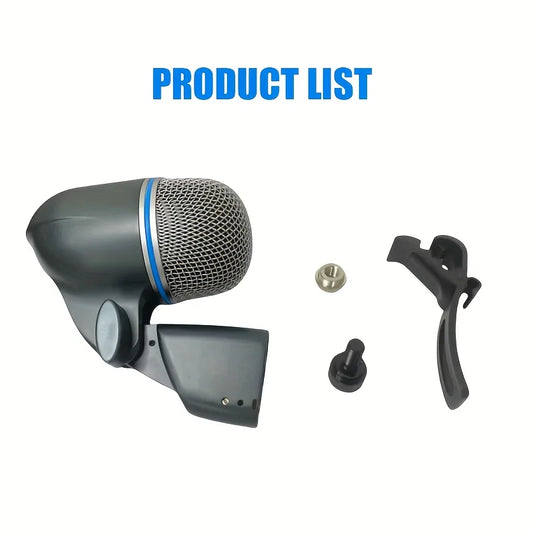 Black drum professional wired dynamic microphone with silver mesh grille and blue accent for stage performance instrument use
