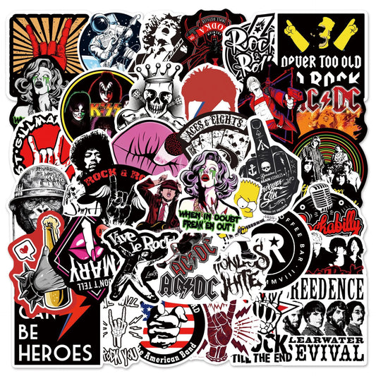 A vibrant collection of 54pcs rock stickers featuring ac/dc and kiss logos for music scrapbooking phone and skateboard use