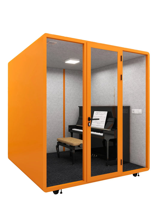 Orange 55mobile soundproof room with glass doors and black piano designed for piano room recording and mute cabin live use