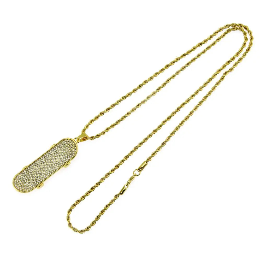 Hip Hop Full Rhinestones Paved Bling Iced Out Skateboard Pendants Necklace for Men Rapper Jewelry Gold Silver Color