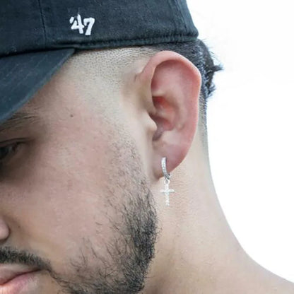 Hiphop Small Cross Pendant Earrings For Women Men Black Gold Silver Color Tiny White Zircon Ear Buckle Hoops Punk Party Jewelry