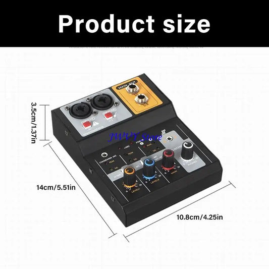 Black compact 573a usb power recording mixer 32bit with red blue gold knobs and double input control for podcasting