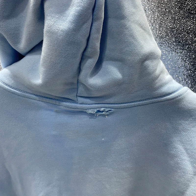 Washed Blue PALY Hoodies Men Woman Vintage Damaged Hole Old Casual High Quality Hip Hop Fashion Zipper Sweatshirts