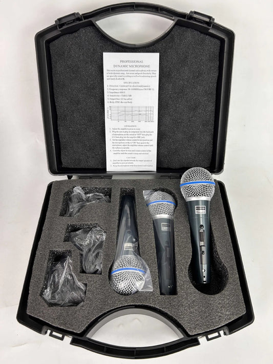 Black and silver wired dynamic microphone with blue accent ring in a carrying case for live broadcast equipment karaoke stage audio