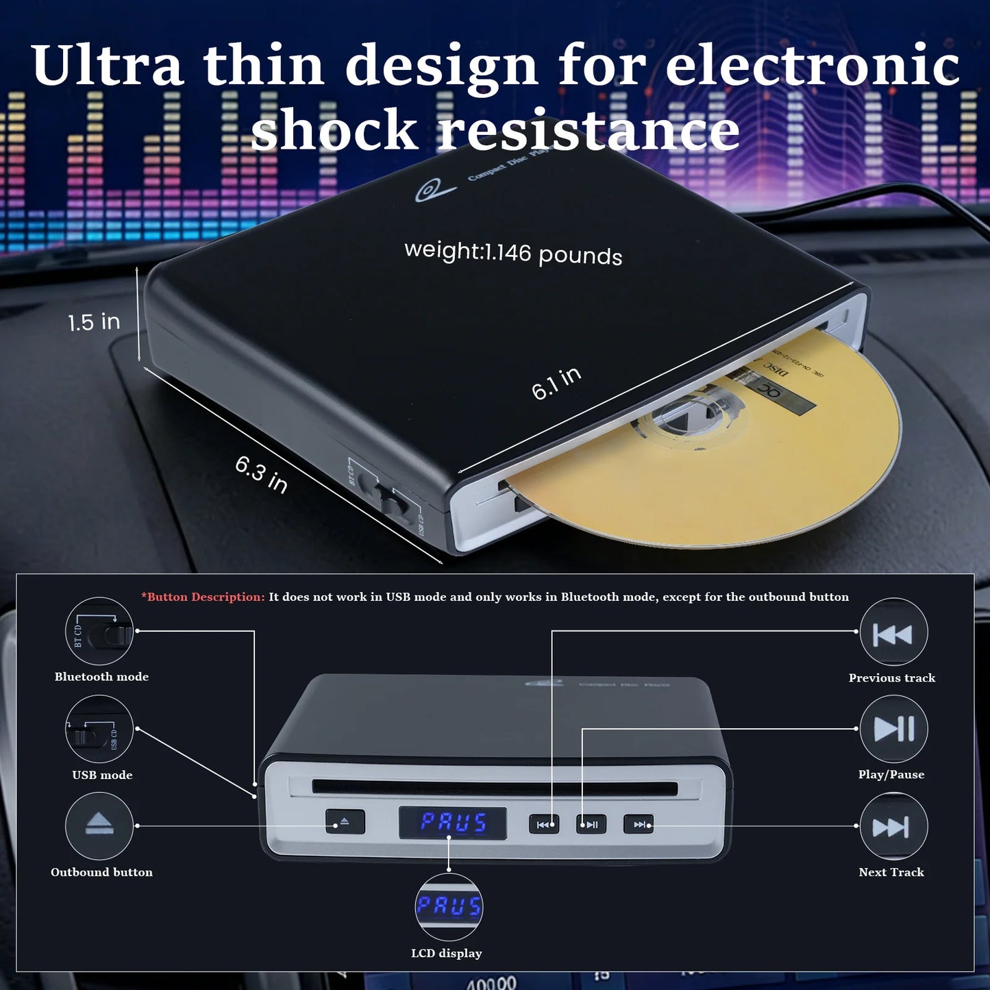 Car CD Player for Portable, External Car CD player, Dual-Mode USB or Bluetooth CD Player with for Car All-Models, Plug and Play