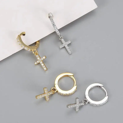 Hiphop Small Cross Pendant Earrings For Women Men Black Gold Silver Color Tiny White Zircon Ear Buckle Hoops Punk Party Jewelry