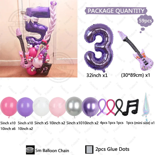 Purple metallic foil balloon shaped like number 5 with braided details and bow in 59pcs guitar balloon set music festival photo props
