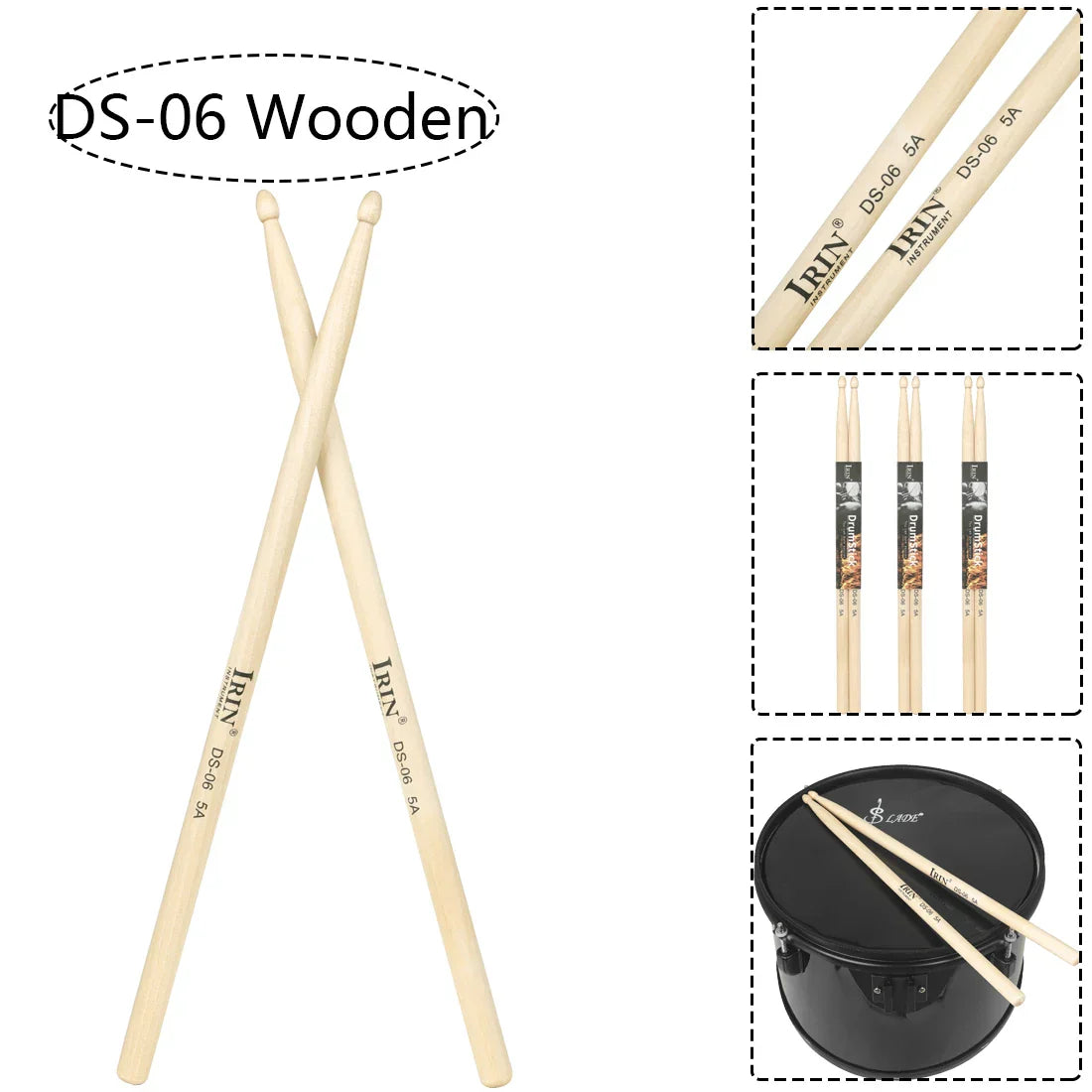 Light-colored wooden 5a maple drumsticks with black branding for professional percussion musical use and multicolor drum mallets