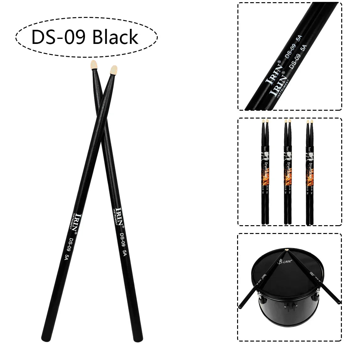 Black irin ds-09 5A maple drumsticks with white tips and branded shaft text for professional percussion musical use