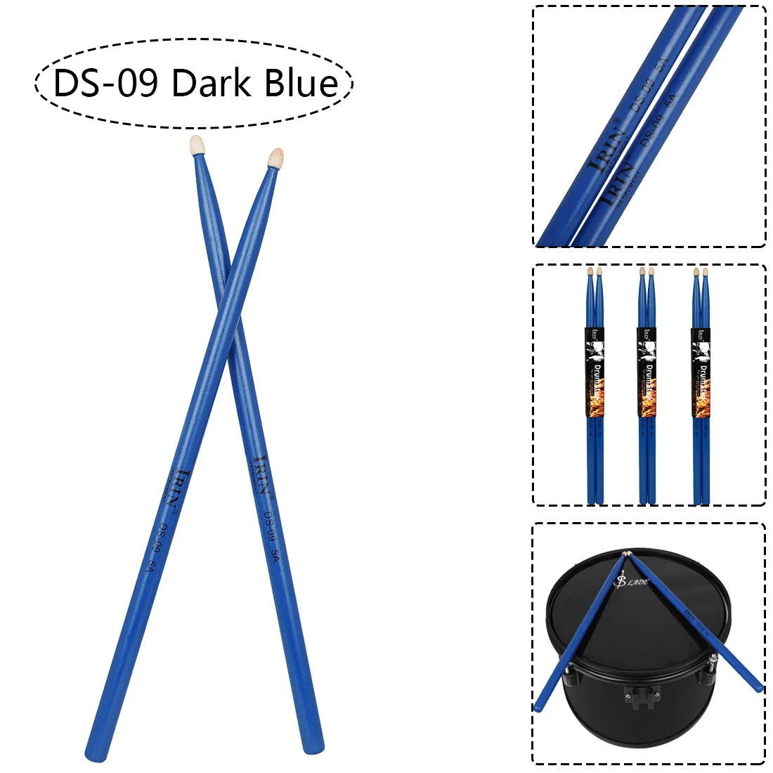 Dark blue ds-09 5a maple drumsticks with white tips and black branding for professional percussion musical use