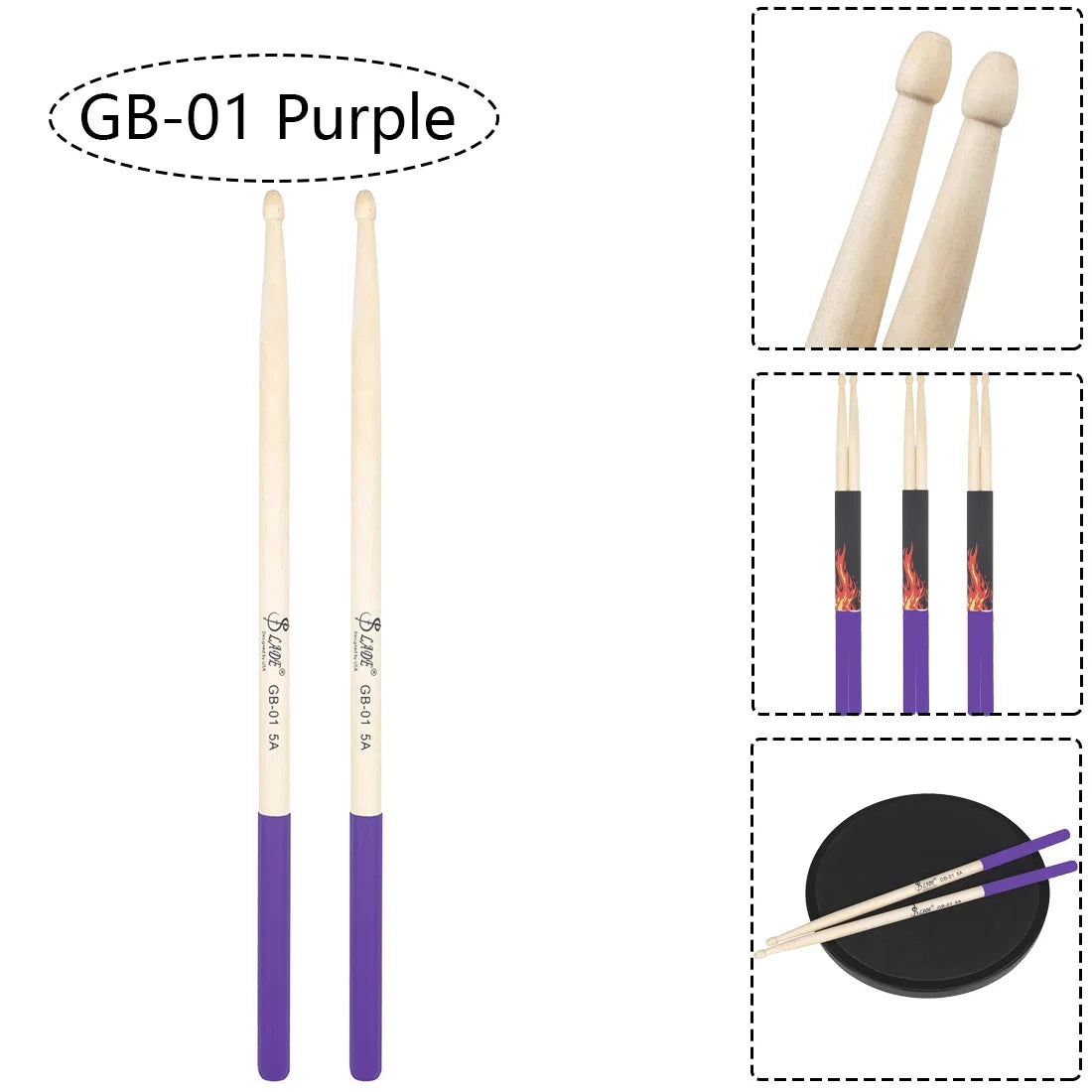 Purple and natural wood 5a drumstick maple drum sticks with flame design for professional percussion musical use multicolor drum mallets