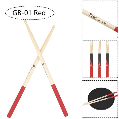 Red-tipped 5A maple drumsticks with flame grip design for professional percussion musical use and multicolor drum mallets