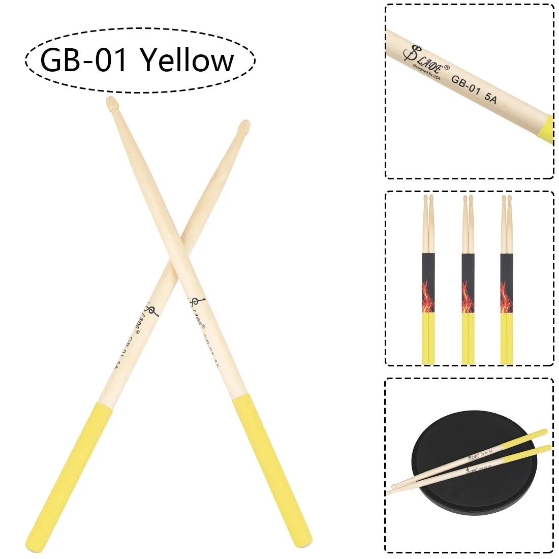 Yellow-tipped gb-01 5a maple drumsticks with flame grip design, multicolor drum mallets professional for percussion use