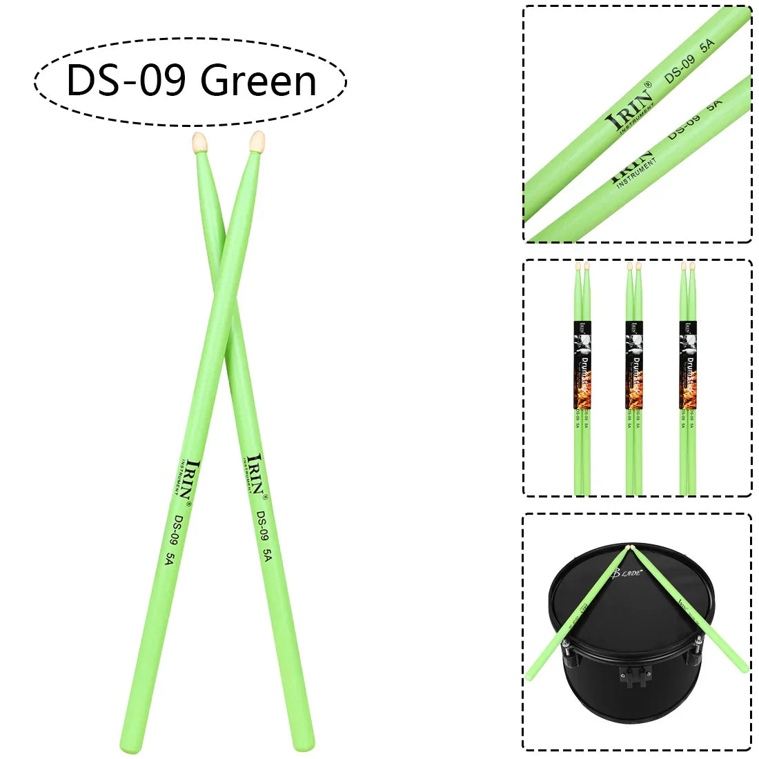 Lime green irin ds-09 5a maple drumsticks with black branding and white tips for professional percussion musical use