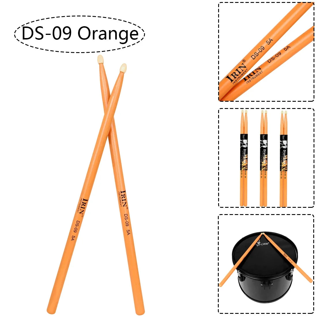 Orange irin ds-09 5A maple drumsticks with black and white branding, professional percussion musical accessory multicolor drum mallets