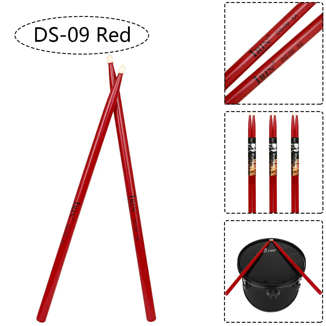 Red trin ds-09 5a maple drumsticks with white tips and black branding for professional percussion musical use