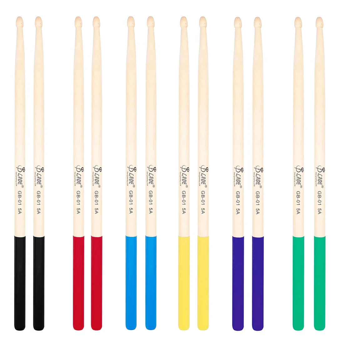 Ten 5A maple drumsticks with natural wood shafts and multicolor rubber tips for professional percussion use