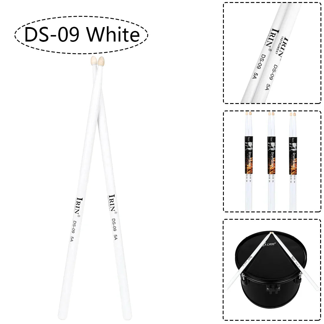 White irin ds-09 5a maple drumsticks with light tips designed as multicolor drum mallets for professional percussion