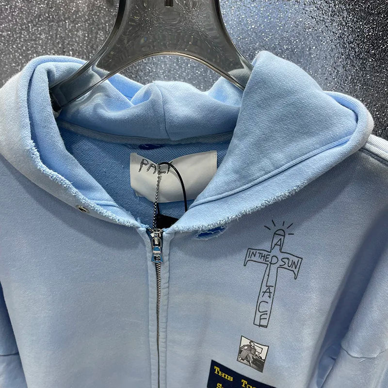 Washed Blue PALY Hoodies Men Woman Vintage Damaged Hole Old Casual High Quality Hip Hop Fashion Zipper Sweatshirts