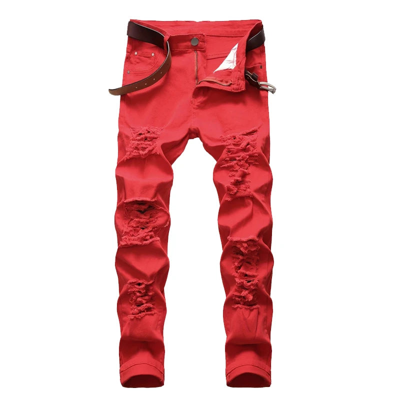 New Men Ripped Jeans Red Hip Hop Holes Slim Denim Pants Punk Streetwear Versatile Stretch Wash Solid Casual Slim Pencil Trousers
