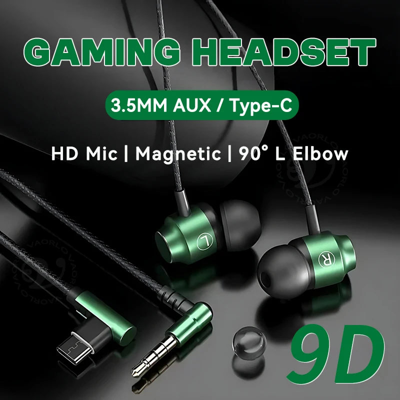 Metal Magnetic Gaming Earbuds 90° L Elbow Digital Type-C/3.5MM AUX 9D Surround HIFI Heavy Bass Music Headset For Samsung Android