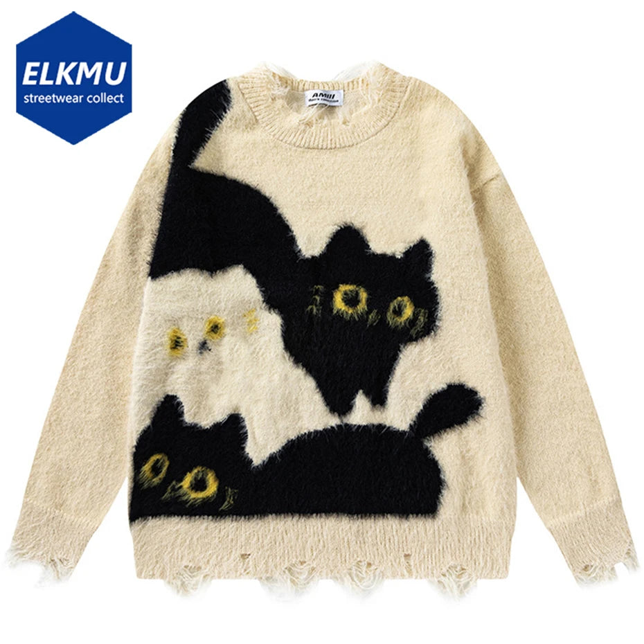 Funny Cat Sweaters Men's Harajuku Oversized Hip Hop Sweater Pullover Knitted Jumer 2026 Y2K Vintage Streetwear Sweaters Unisex