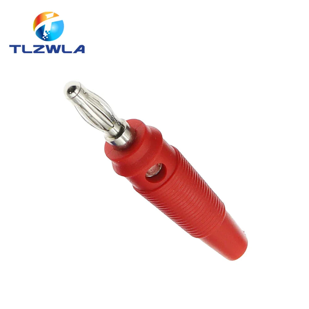 Red 5pcs 4mm banana plugs connector solderless with metallic threaded tip and ribbed texture for musical speaker stackable use