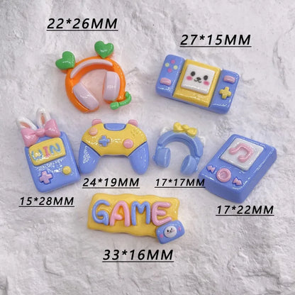 Pastel-colored 5pcs cartoon resin gaming-themed charms featuring resin game controller and phone resin cabochon designs